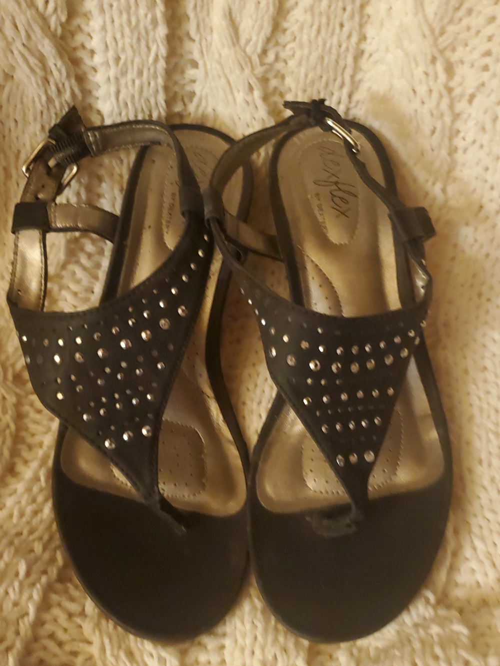 dexflex comfort Black Wedge Sandals with Stud Accents